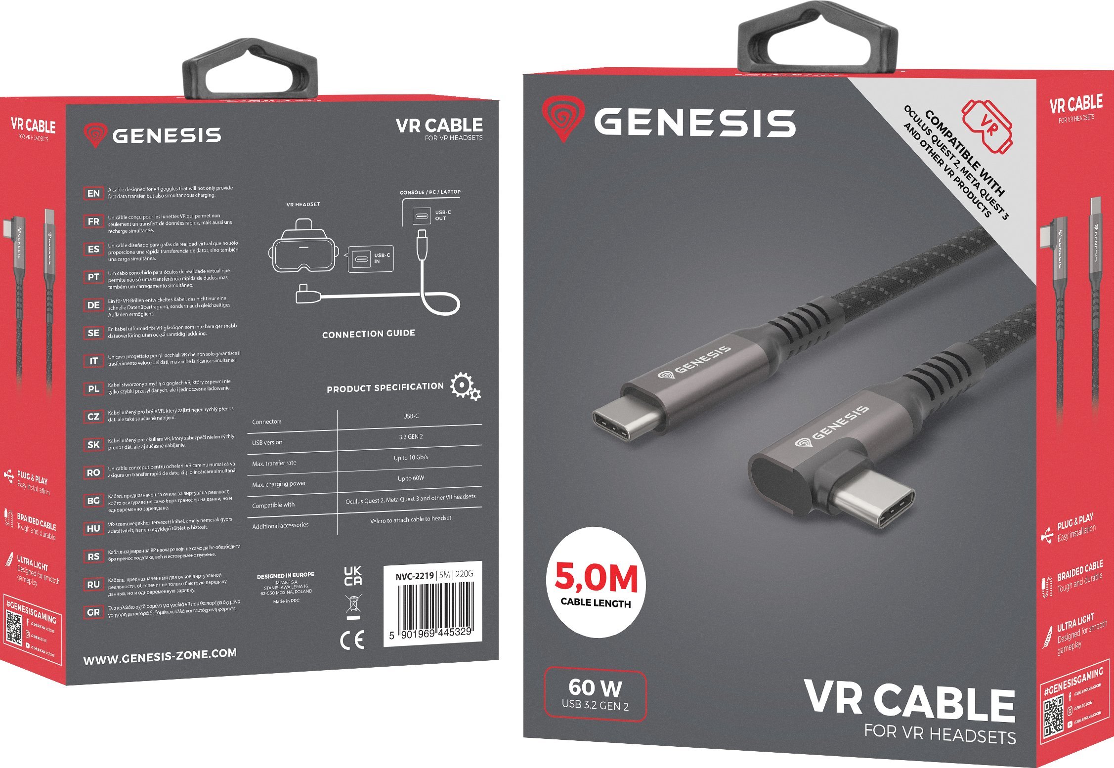 Kабел USB-C Genesis VR, 5 m, 10 Gb/s, PD 60W, црн