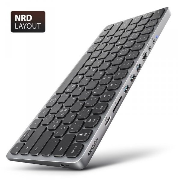 Tastierë me hub AXAGON HMC KB NRD, USB C 9in1, HDMI 4K, alumini, e zezë