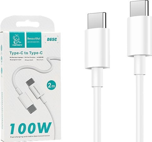 Kabllo USB Denmen D65, Type C në Type C, 100W, 2m, e bardhë