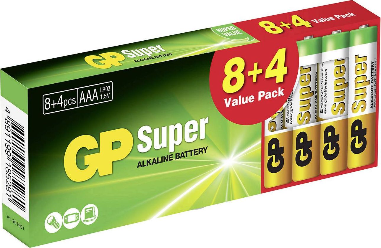 Bateri alkaline GP Super AAA R03, paketim 12 copë