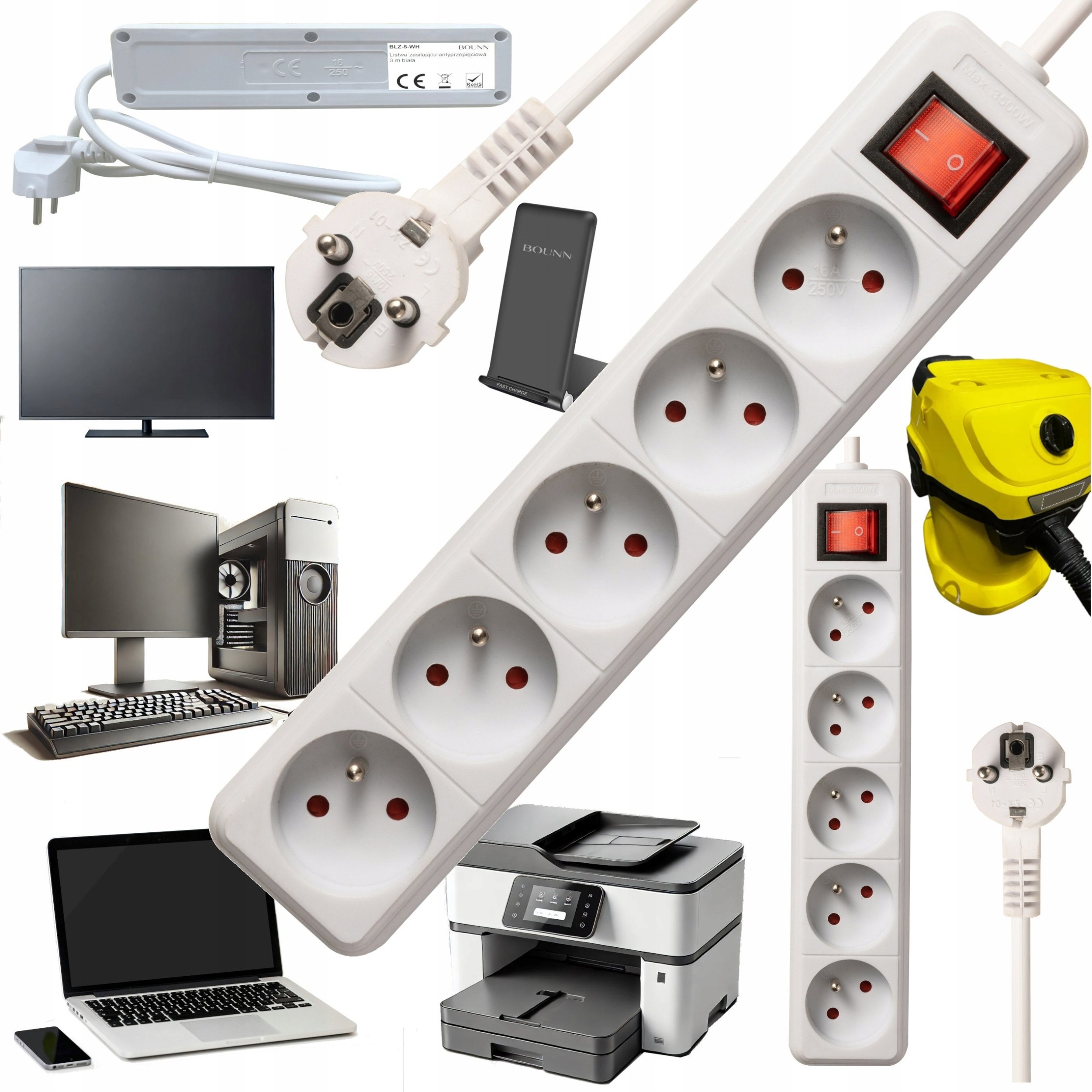 Електрична лента Bounn, 5 приклучници, 3 m, 16A, бела