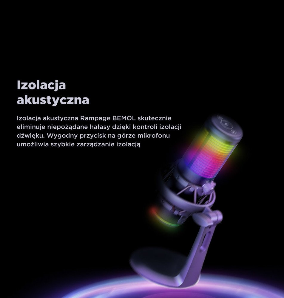 Mикрофон за маса Rampage Bemol RGB, капацитивен, 3.5mm и USB C, црн