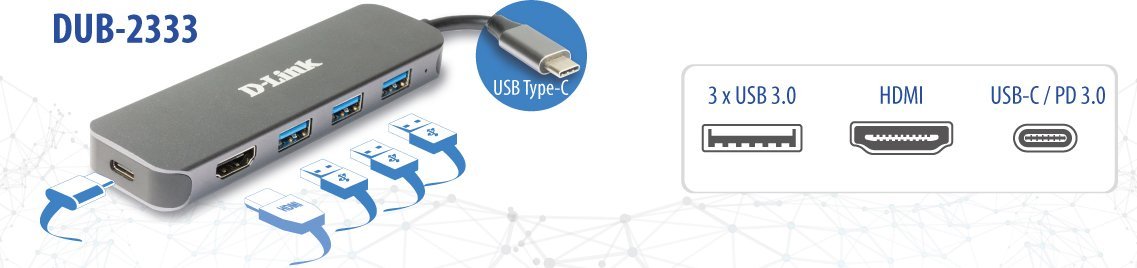 USB Ц HUB D Link DUB 2333, 5 во 1, HDMI 4K, сива