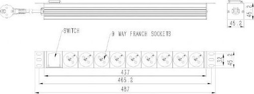 Shirit rryme Gembird PDU 9xFR, 1U, 16A, 2m, i zi
