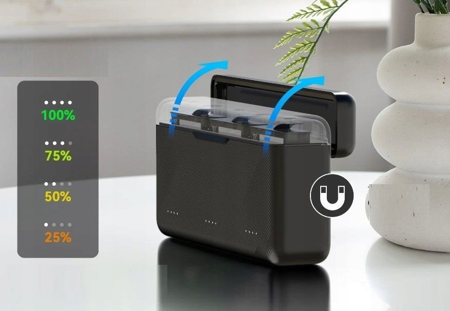 Полнач за батерии TELESIN за DJI Osmo Action 3 4 5 Pro, 3 слота, пренослива кутија за чување, црн