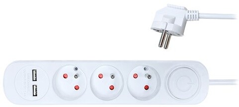 Kabllo zgjatëse Solight, 3 priza, USB 2.4A, 3 x 1mm2, ndërprerës, 2m, e bardhë