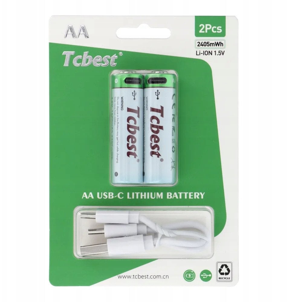 Bateri të rikarikueshme TCBEST R6 AA, 1600 mAh, me Type C, set 2 copë