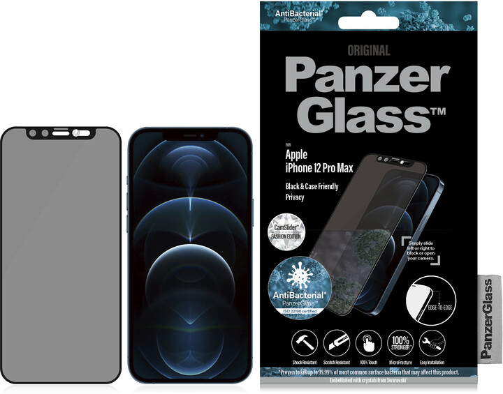 Xham mbrojtës PanzerGlass Edge-to-Edge për iPhone 12 Pro Max, antibakterial, Swarowski CamSlider, i zi 