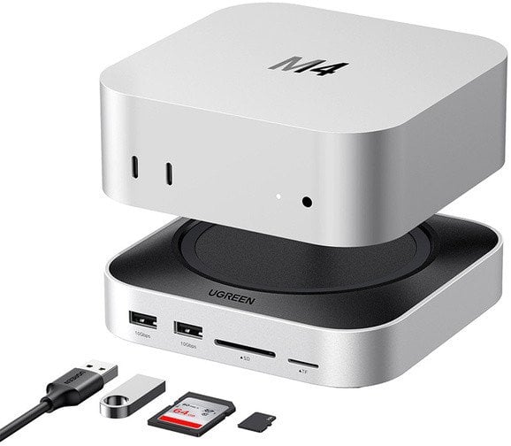 Dock UGREEN për Mac Mini M4, hapësirë NVMe SSD, 3 porta USB 10Gbps, gri