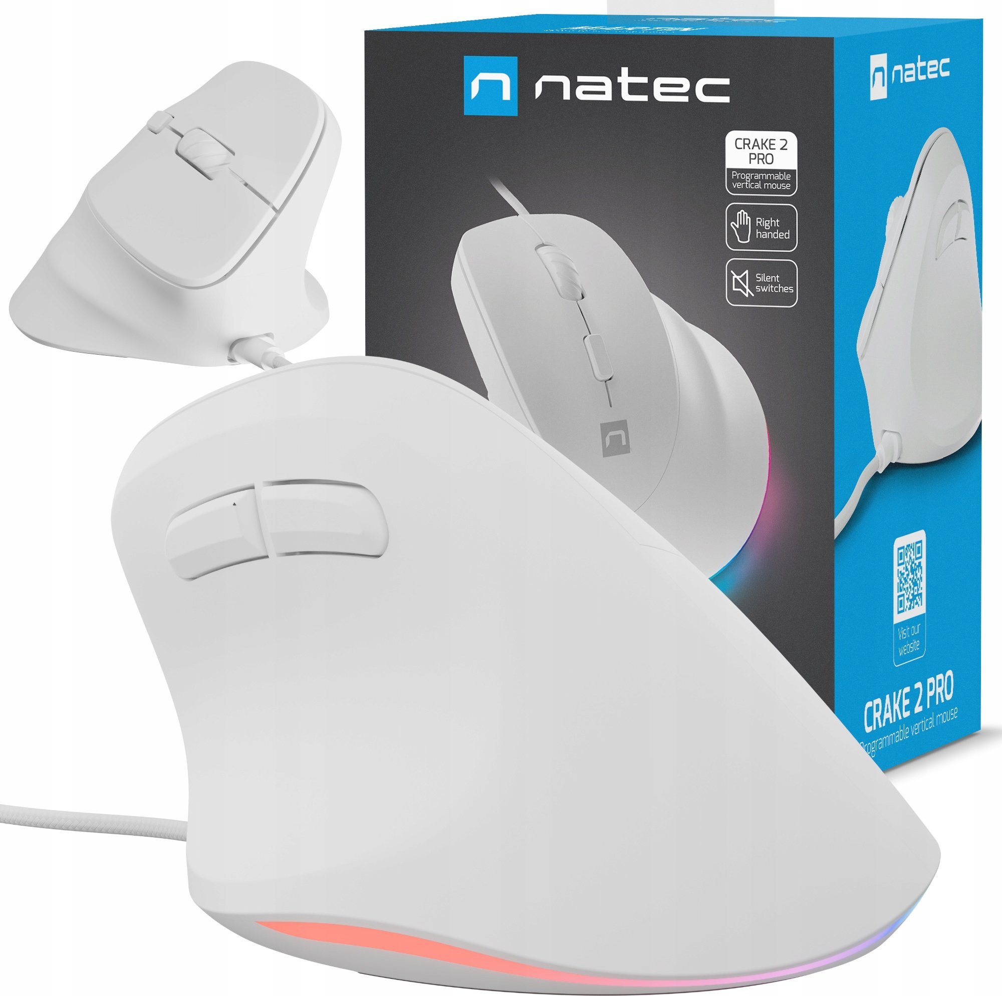 Mouse vertikal Natec Crake 2 Pro, 12800DPI, me kabllo, i bardhë