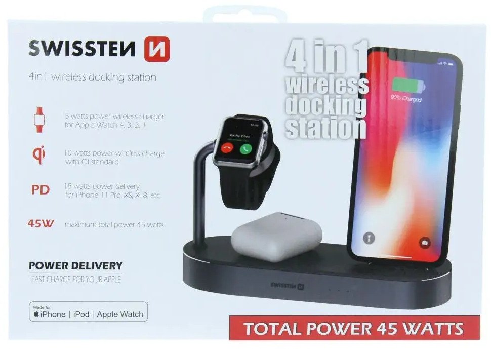 Полнач за автомобил Swissten Wireless 4in1 MFi, 45W, USB Power Delivery, црн