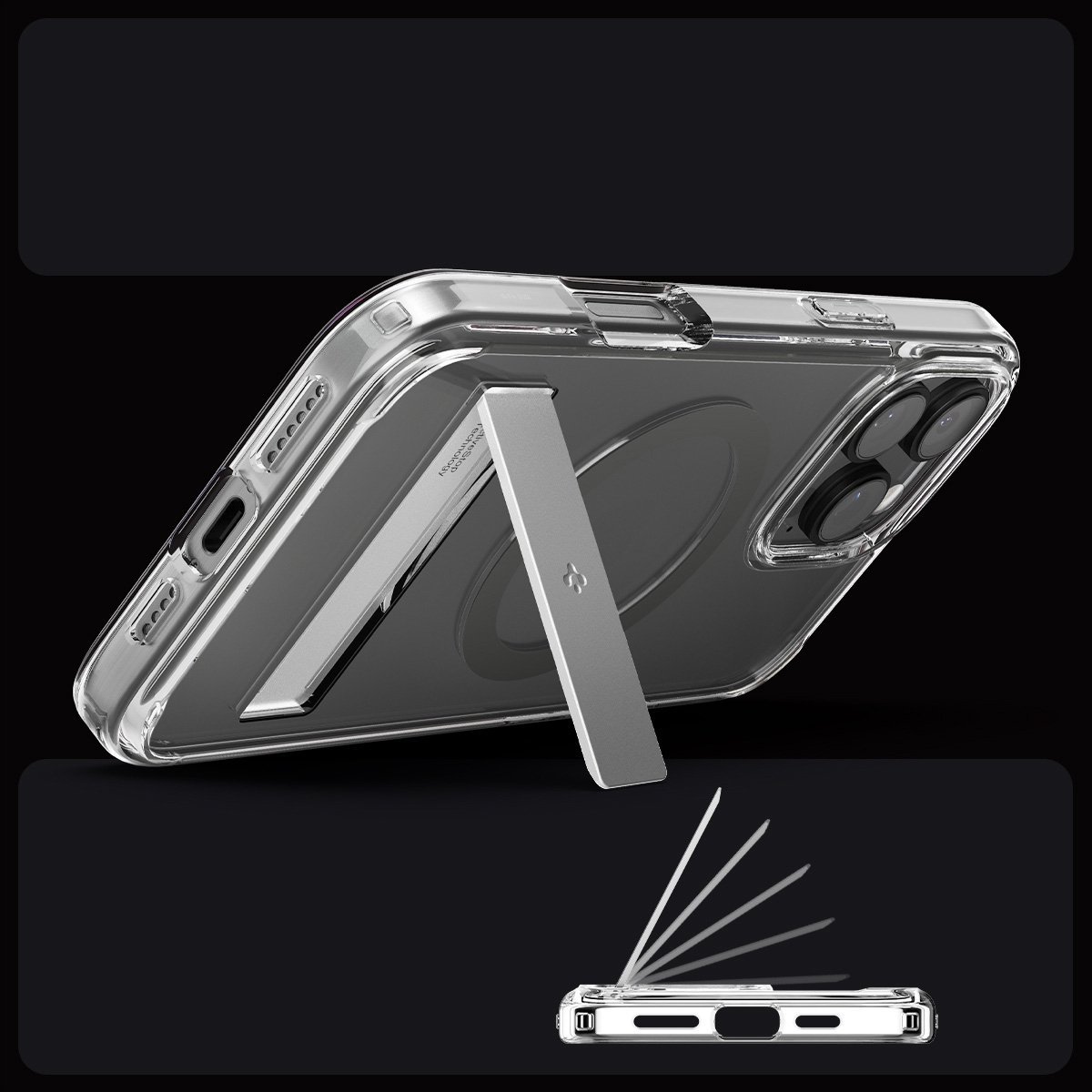 Mbulesë telefoni Spigen Ultra Hybrid S MagSafe, për iPhone 16 Pro, me mbajtëse, grafit