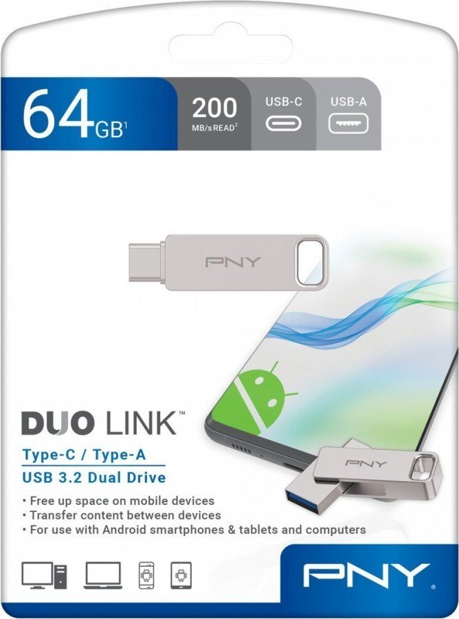 USB PNY Duo-Link, 64GB, USB A dhe USB C, argjend