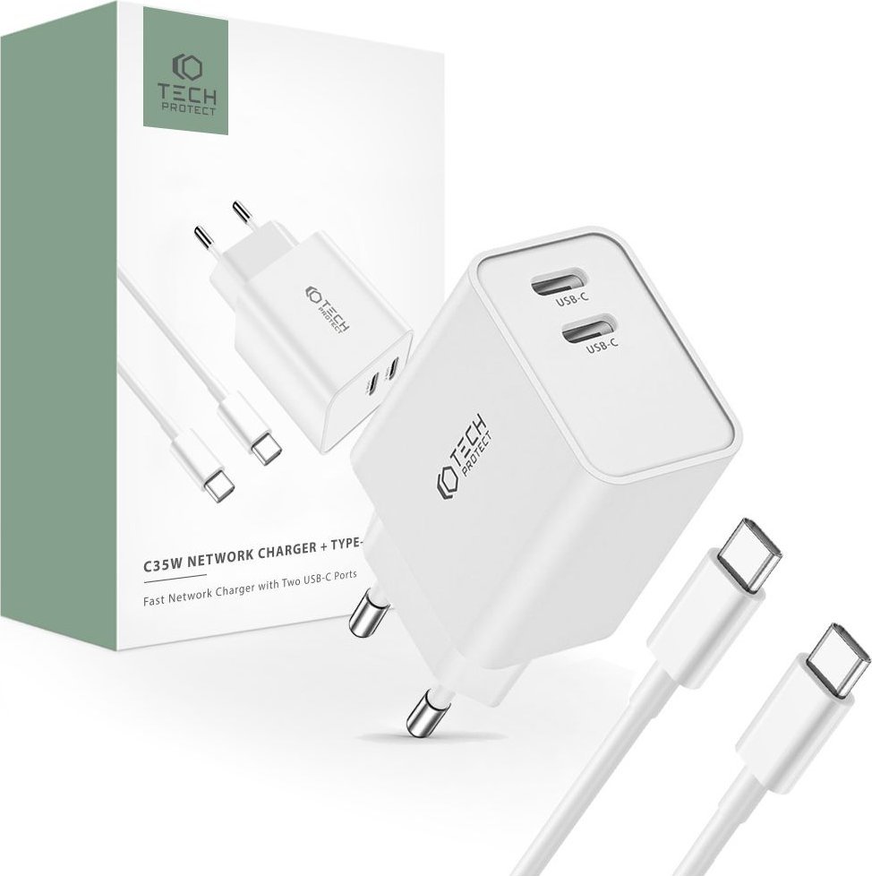 Полнач за мрежа Tech-Protect C35W, 2 порти USB-C PD 35W, со кабел USB-C 1m, бел