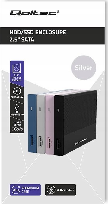 Kuti e jashtme Qoltec Pocket, 2.5", USB 3.0, 2TB, argjendtë