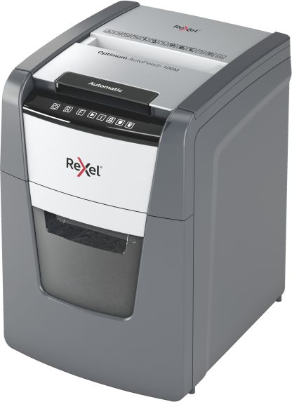 Rexel Optimum AutoFeed+ 100M Микро-сечач за документи, 34 L, P-5 (2 x 15 mm), 100-листно автоматско вметнување
