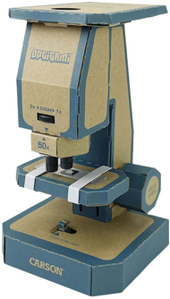 Картонски микроскоп Карсон Оптигами DIY, 50x 400x, со поврзување со паметен телефон, кафеав