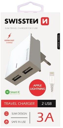 SWISSTEN SMART IC полнач, CE 2x USB 3 A кабел за напојување + USB / молња, 1,2m, бел