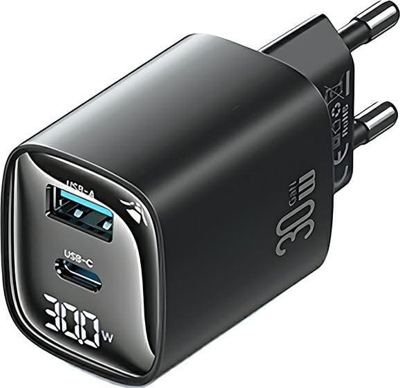 Ѕиден полнач USAMS CC229, 30W GaN, USB C и USB A, црн