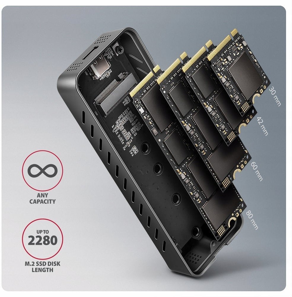 Kuti e jashtme SSD NVMe AXAGON EEM2-20G, USB-C 3.2, 20 Gbps, e zezë