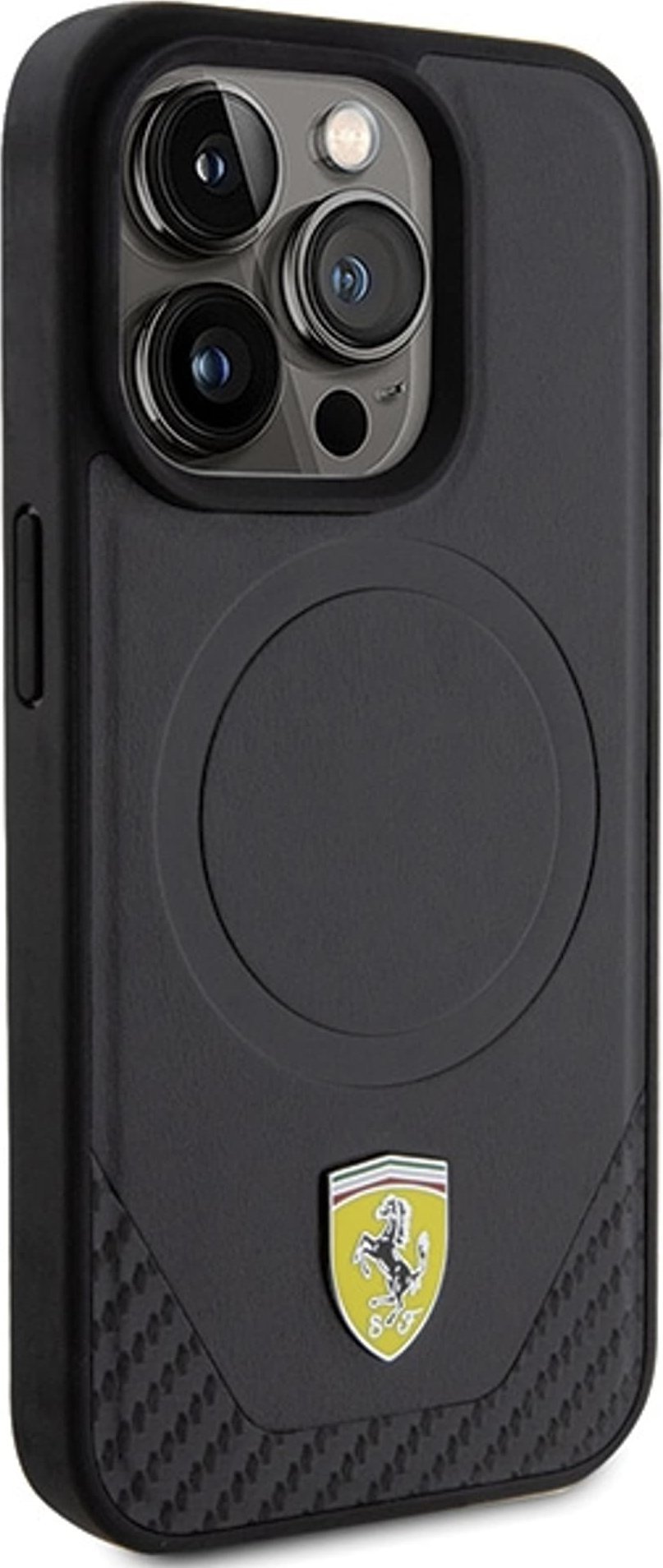 Mbrojtëse telefoni Ferrari Carbon Metal Logo me MagSafe, për iPhone 15 Pro, e zezë