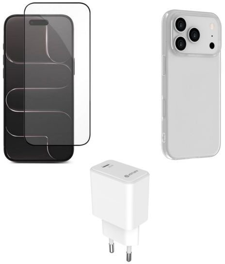 Set aksesorësh eSTUFF për iPhone 17 Pro, karikues mbrojtës, xham dhe cover, brown box