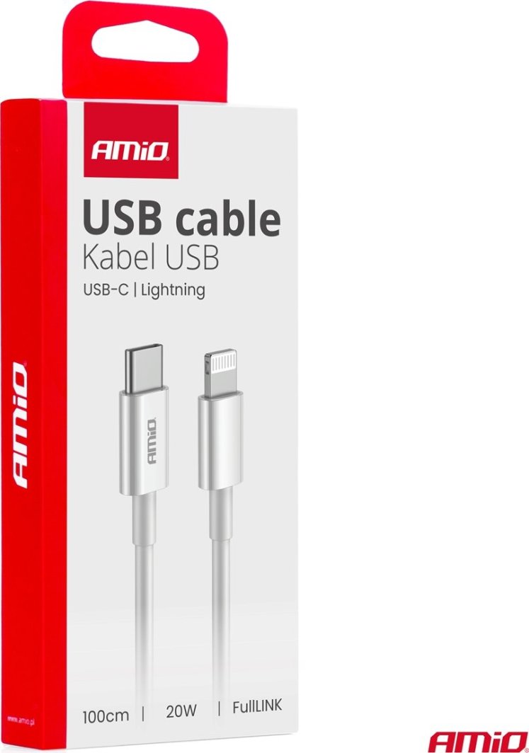 Kabllo karikimi AMiO 03898, USB C në Lightning, 1m, 20W, e bardhë