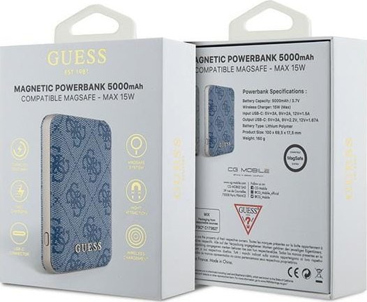 Powerbank wireless Guess 4G Leather, 5000mAh, 15W MagSafe, kafe