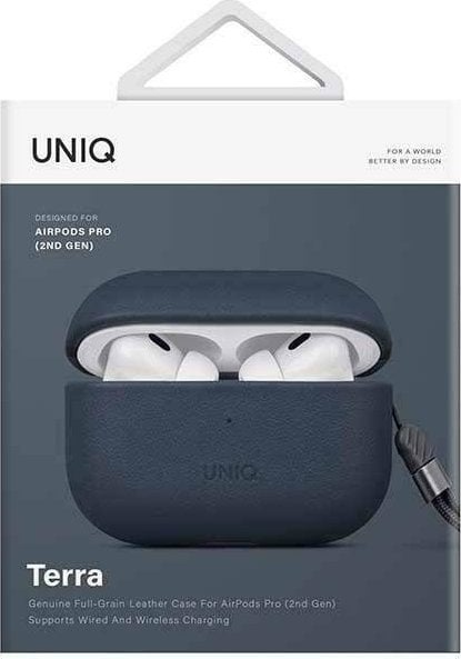 Куќиште Uniq Terra за Apple AirPods Pro 2, природна кожа, сина space blue