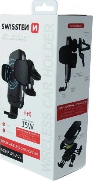 Mbajtëse telefoni Swissten W2 AV5, karikim wireless Qi, për ventilim, e zezë