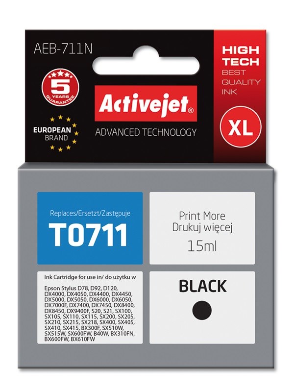 Ngjyrë për printer Activejet AEB-711N (zëvendësim për Epson T0711, T0891, T1001), 15 ml, e zezë