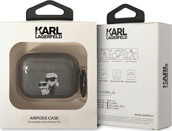 Mbulesë Karl Lagerfeld KLAPHNKCTGK për AirPods Pro, koleksioni Glitter Karl and Choupette, e zezë me shkëlqim