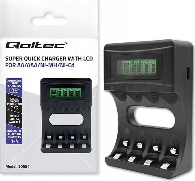 Karikues baterish Qoltec Charger, Ni-MH Ni-Cd AA AAA, 1800mA, i zi