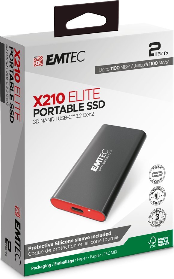 SSD portabël Emtec X210 Elite, 2TB, USB, i zi e kuqe