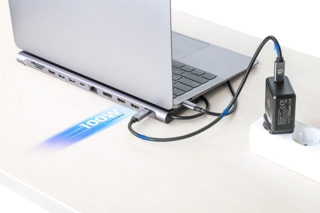 Dock USB C Manhattan 12 në 1, 3x 4K, Power Delivery 100W, gri