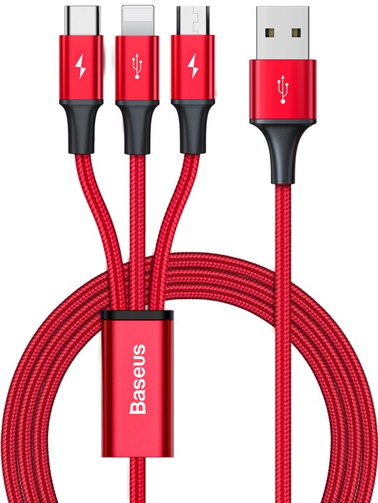 Кабел Baseus Rapid Series 3in1 USB-A - USB-C/Lightning/microUSB, 1.2м, црвен
