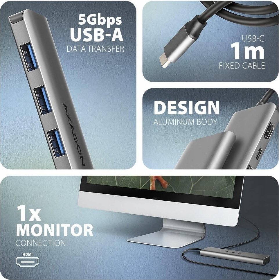 Hub USB C Axagon HMC 5H, 3x USB A, HDMI 4K, PD 100W, argjendtë