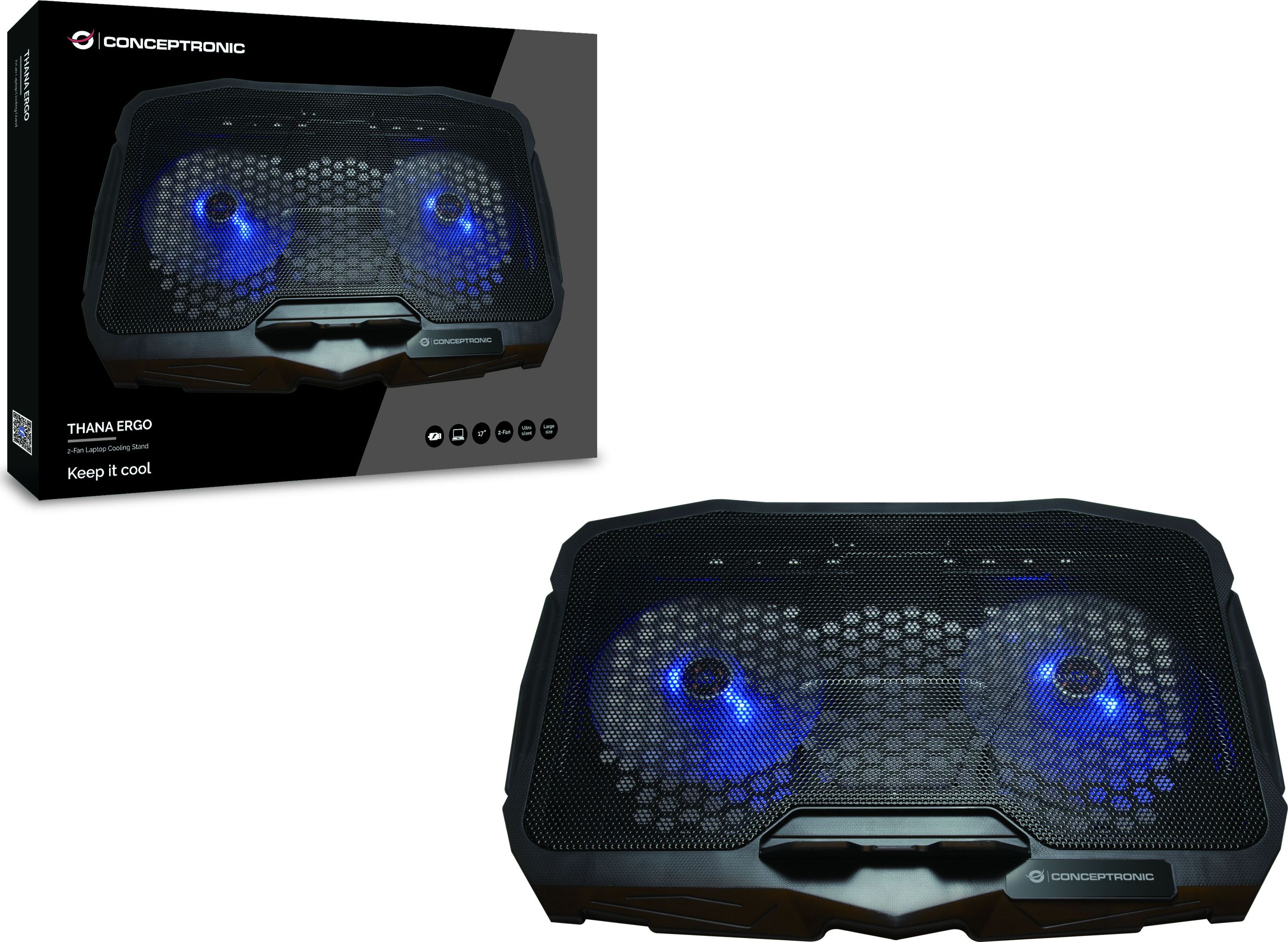 Qëndrim ftohës për laptop Conceptronic THANA07B, 2 ventilatorë, USB, i zi