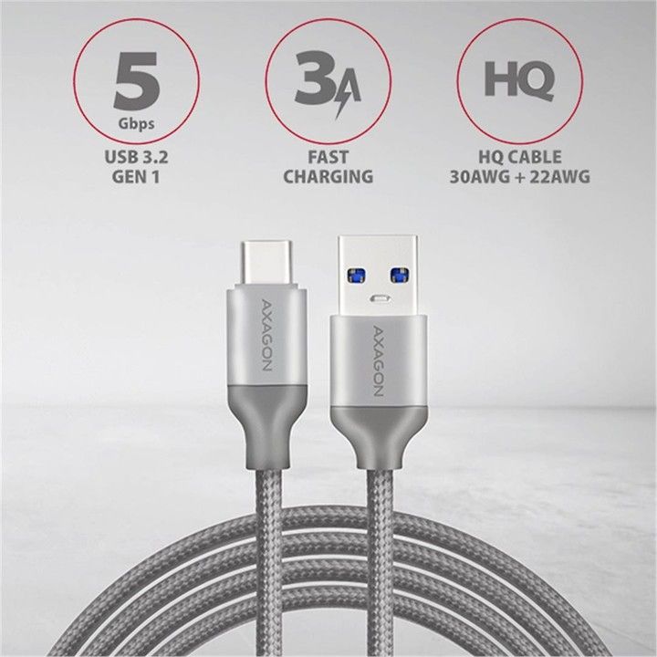 Kabllo AXAGON SUPERSPEED, USB-C në USB-A 3.2 Gen 1, 0.5m, 3A, e thurur, e hirtë