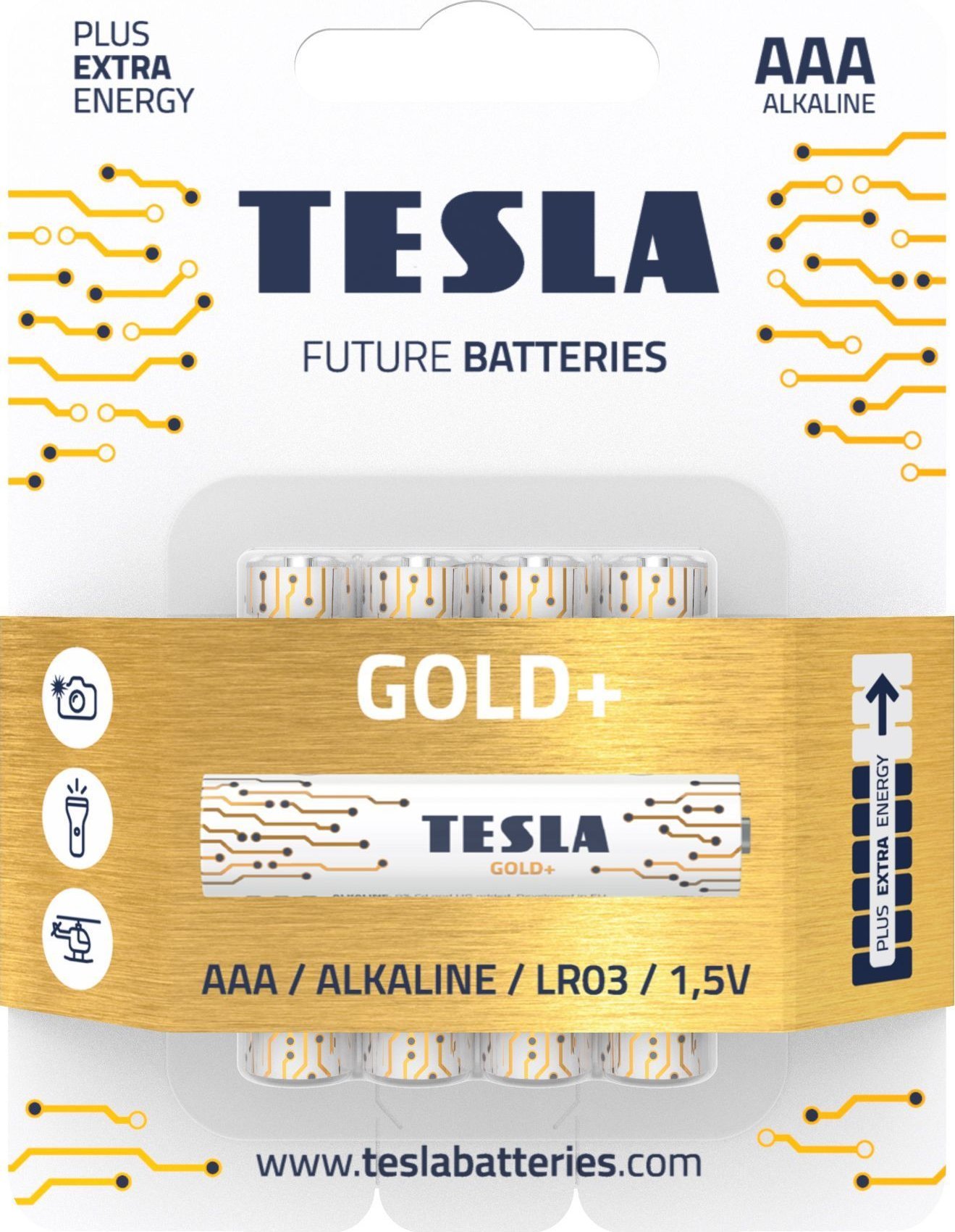 Bateri alkaline TESLA GOLD+ AAA, 4 copë, jetëgjatësi 10 vjet, paketë