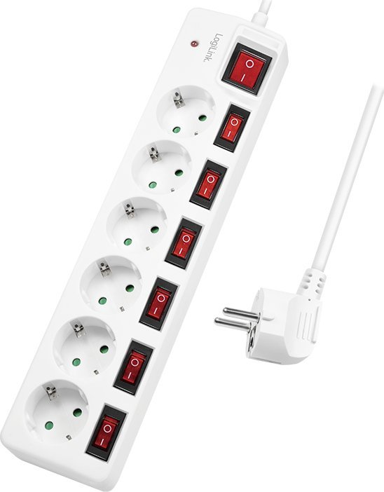 Електричен продолжувач LogiLink LPS250, 6 приклучоци, кабел 1.5 m, бел