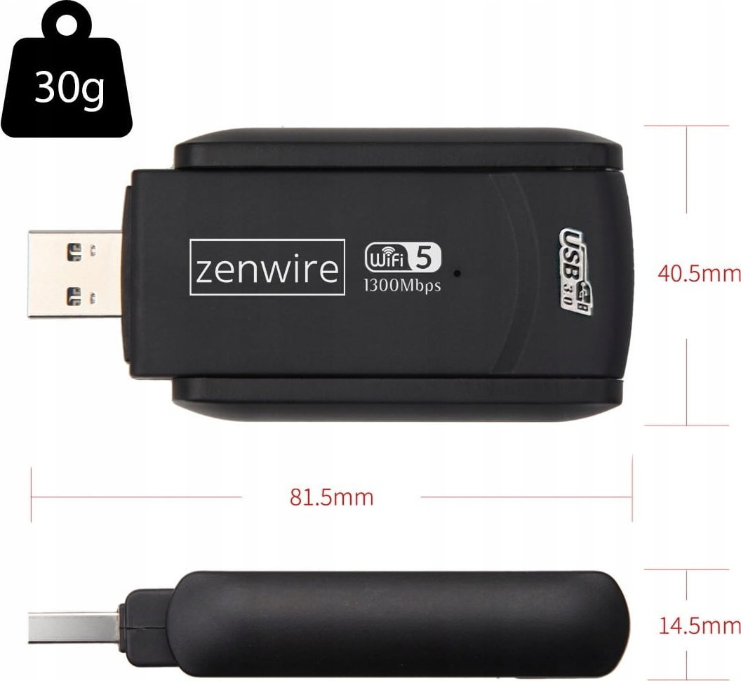 WiFi адаптер Zenwire WD-4605AC, USB 3.0, 1300 Mbps, со надворешни антени