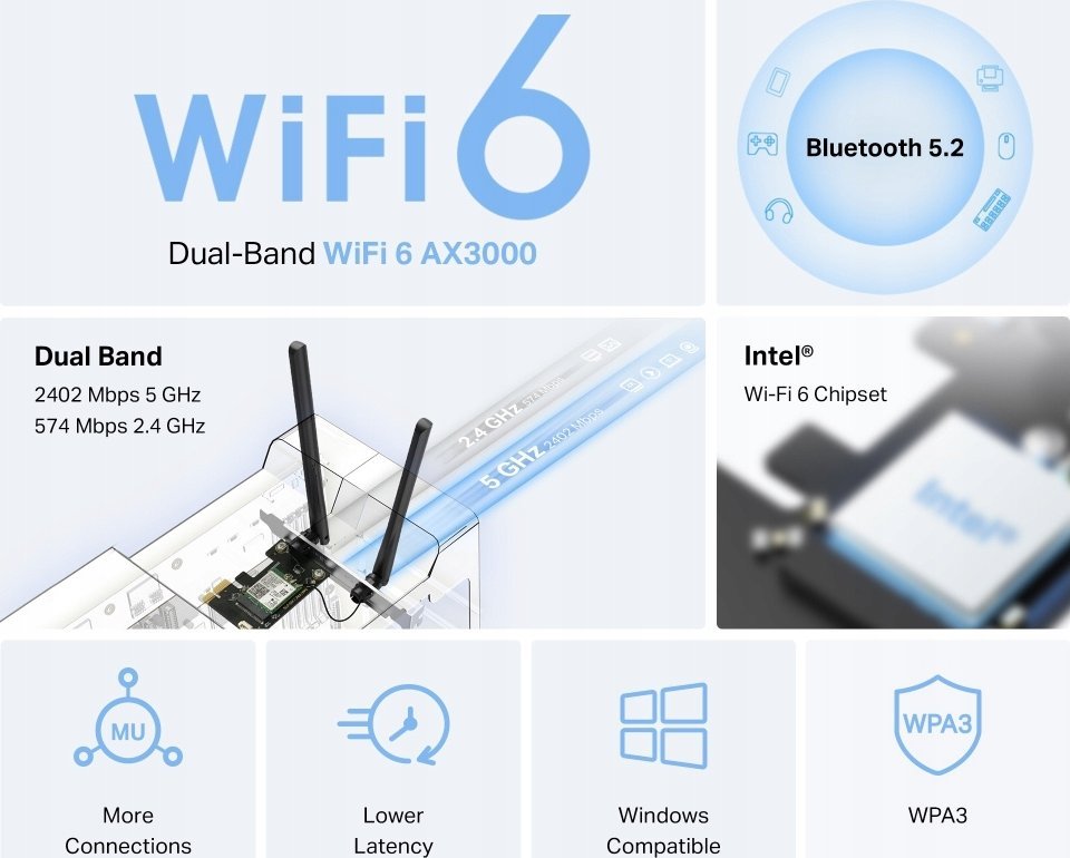 Адаптер Ви‑Фи Mercusys MA80XE, AX3000, PCIe, Блутут 5.2