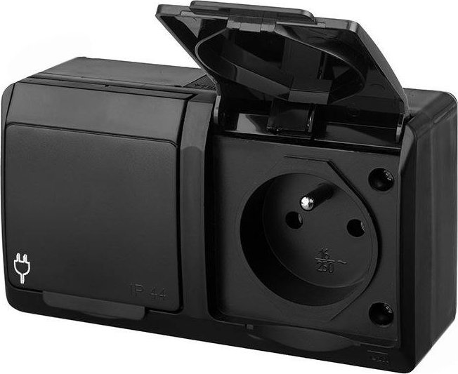 Prizë dyshe sipërfaqësore Elektro-Plast HERMES 2x2P+E, IP44, e zezë