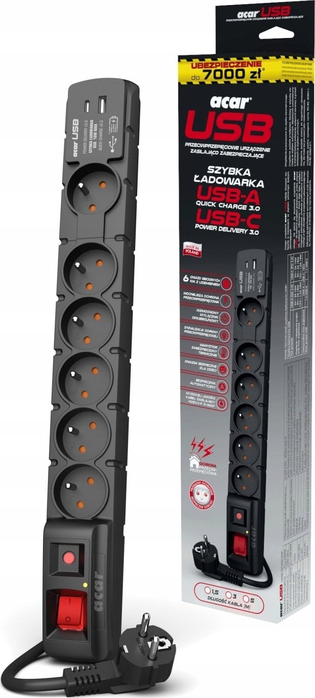 Shirit elektrik Acar S6 USB A C W2437, 6 prize, kabëll 3 m, i zi