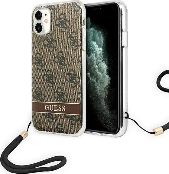 Mbulesë telefoni Guess 4G Print Strap për iPhone 11, hardcase, kafe