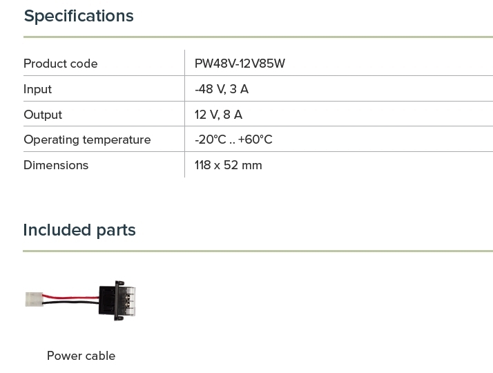 Konvertues fuqie Mikrotik PW48V-12V85W, hyrje -48 V, dalje 12 V 85 W, i gjelbër