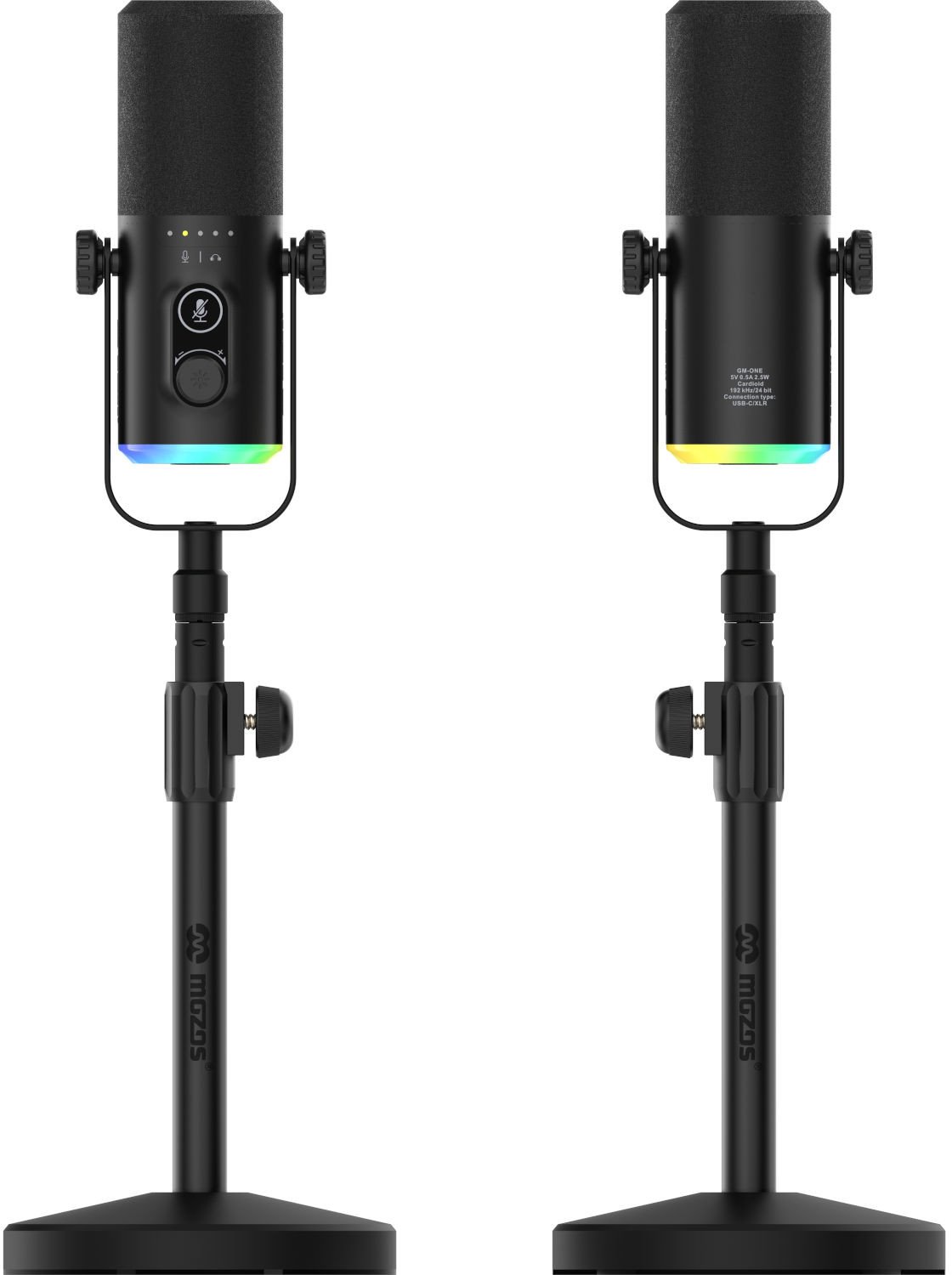 Mikrofon dinamik Mozos GM-ONE-BK, USB C dhe XLR, RGB LED, i zi