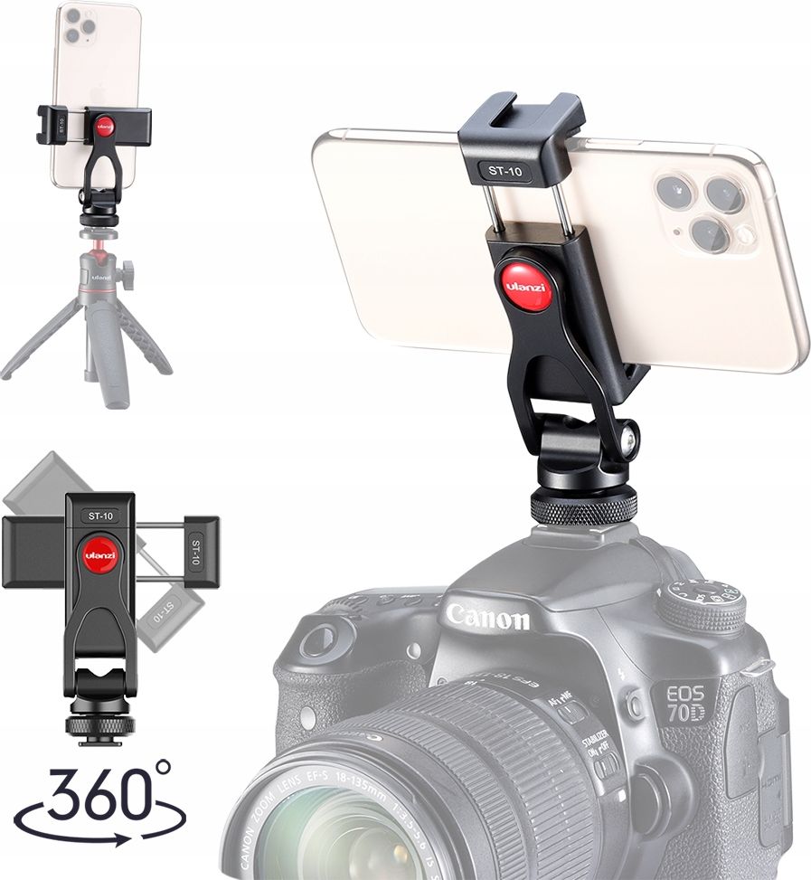 Mbajtës telefoni Ulanzi ST-10, montim për tripod 1/4", rrotullim 360°, i zi