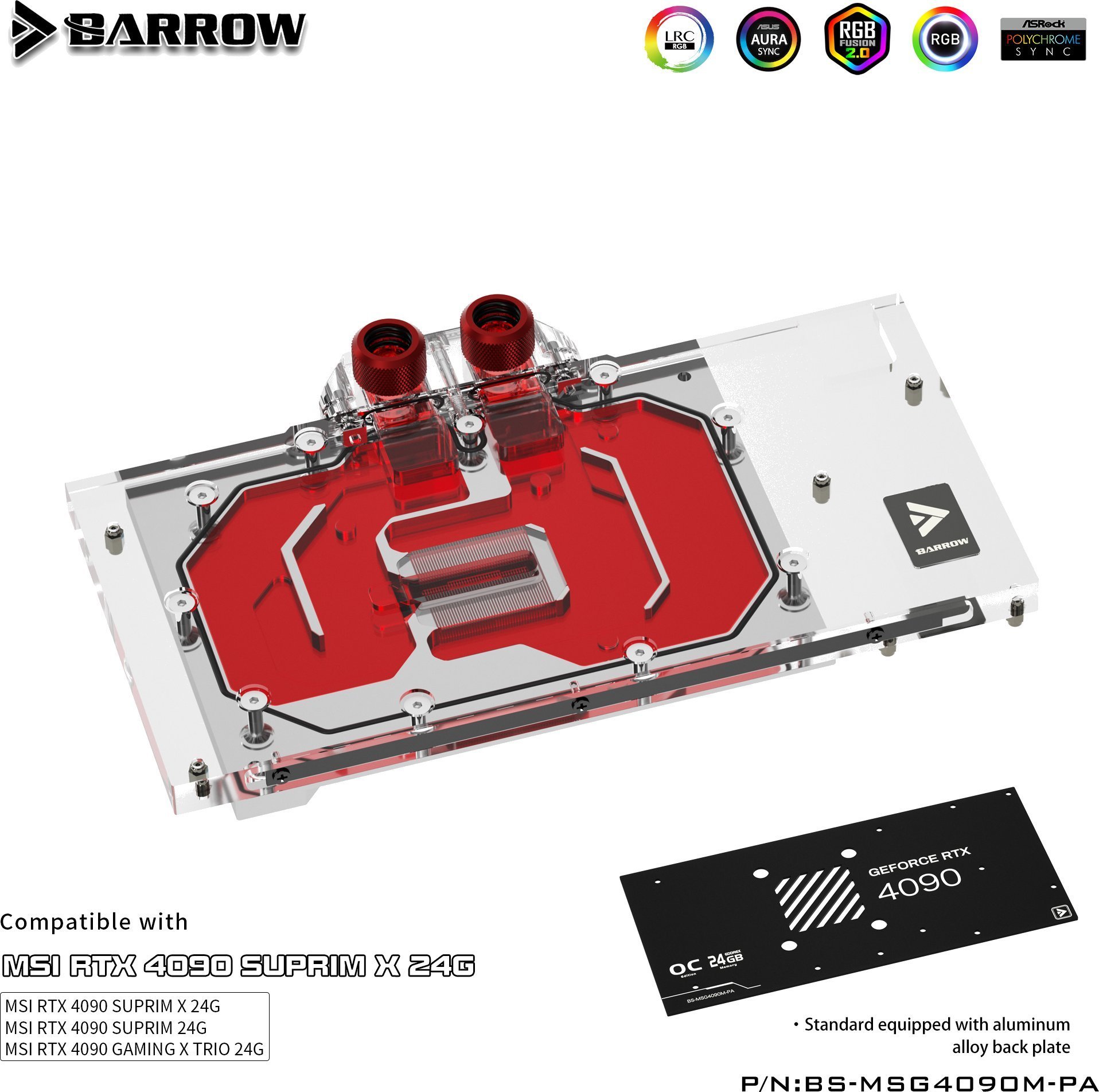 Bllok uji për kartë grafike Barrow, për MSI RTX 4090 TRIO SUPRIM GAMING X, RGB, me backplate